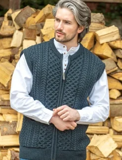Hot Sweater Shop Mens Full Zip Aran Waistcoat Blackwatch