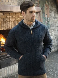 Hot Sweater Shop Mens Full Zip Hooded Cardigan - Navy