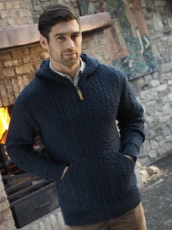 Hot Sweater Shop Mens Full Zip Hooded Cardigan - Navy