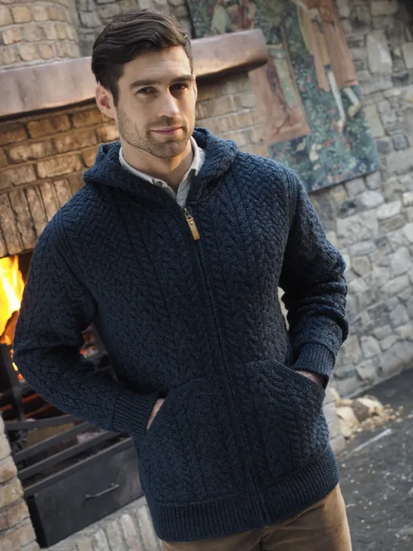 Hot Sweater Shop Mens Full Zip Hooded Cardigan - Navy