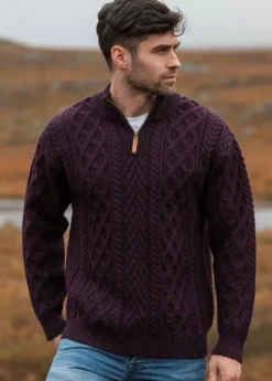 Clearance Sweater Shop Men's Merino Wool Half Zip Aran Sweater Damson