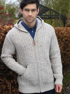 Clearance Sweater Shop Men's Oatmeal Cable Knit Full Zip Hooded Cardigan