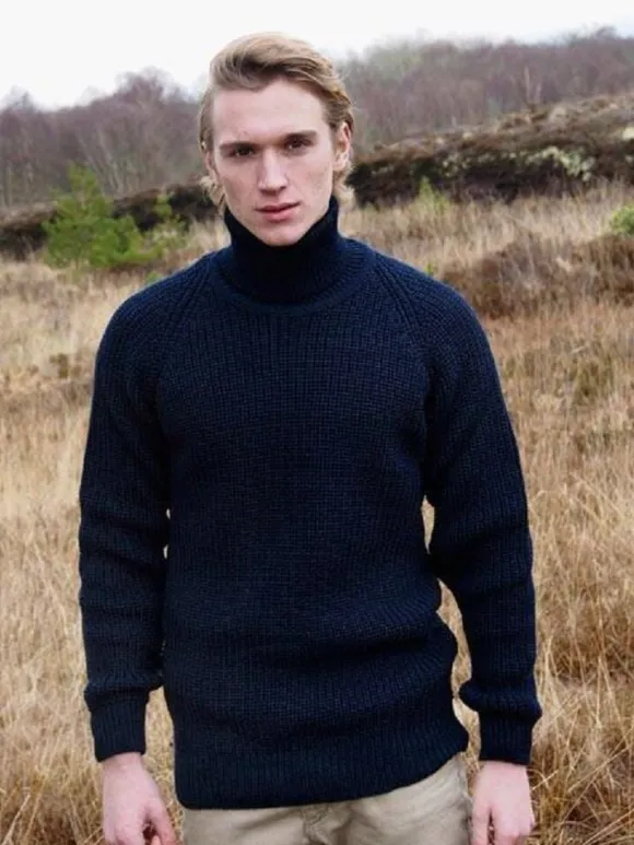 Clearance Sweater Shop Mens Rib Roll Neck Navy