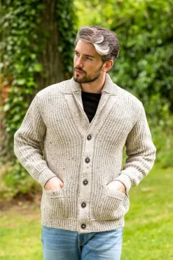 Fashion Sweater Shop Men's Ribbed Shawl Neck Merino Wool Cardigan