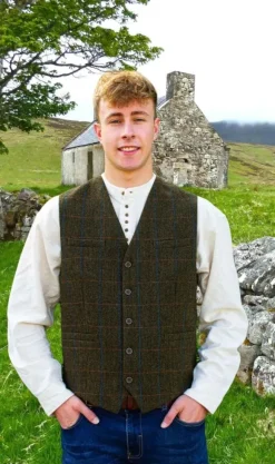 Online Sweater Shop Mens Tweed Waistcoat Olive Overcheck
