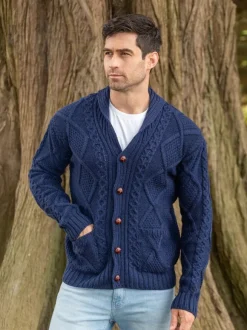 Hot Sweater Shop Men's V Neck Aran Cardigan Deep Water Blue