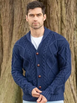 Hot Sweater Shop Men's V Neck Aran Cardigan Deep Water Blue