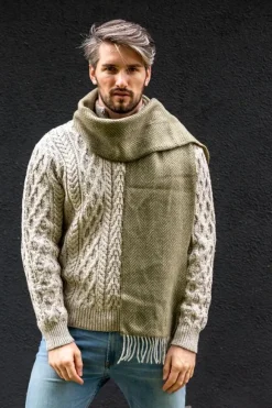 Clearance Sweater Shop Men's Wool and Cashmere Moss Green Herringbone Scarf