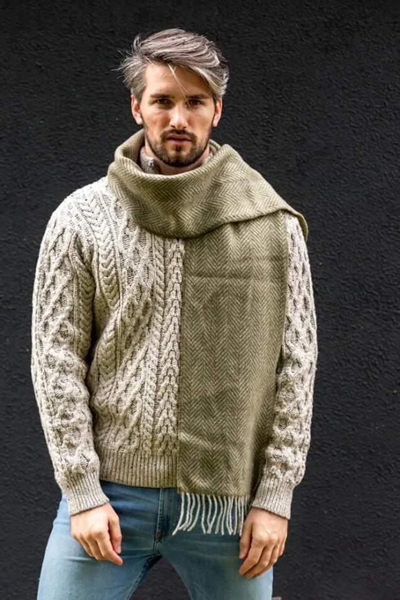 Clearance Sweater Shop Men's Wool and Cashmere Moss Green Herringbone Scarf