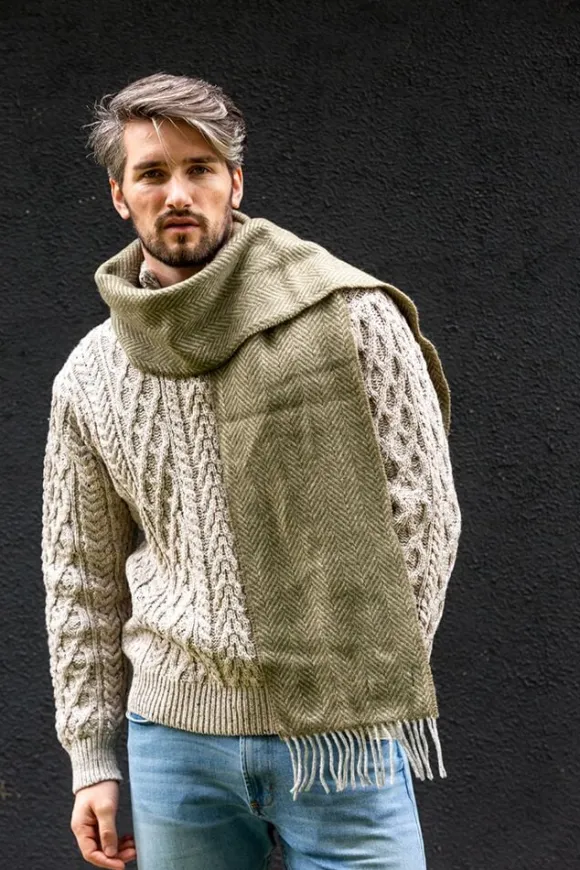 Clearance Sweater Shop Men's Wool and Cashmere Moss Green Herringbone Scarf
