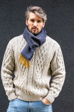 Discount Sweater Shop Men's Wool and Cashmere Navy/Mustard Herringbone Scarf 2433