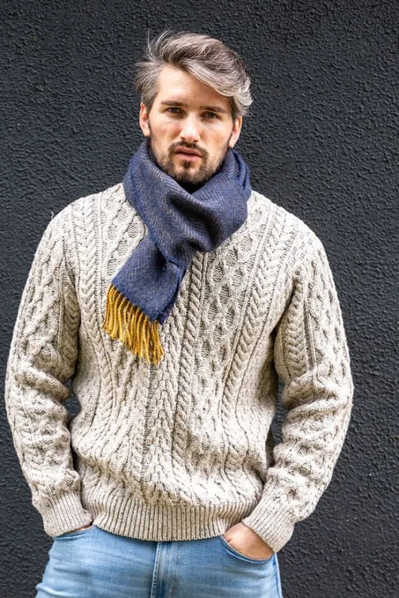 Discount Sweater Shop Men's Wool and Cashmere Navy/Mustard Herringbone Scarf 2433