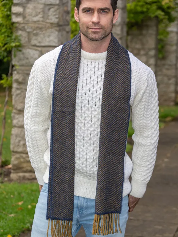 Discount Sweater Shop Men's Wool and Cashmere Navy/Mustard Herringbone Scarf 2433