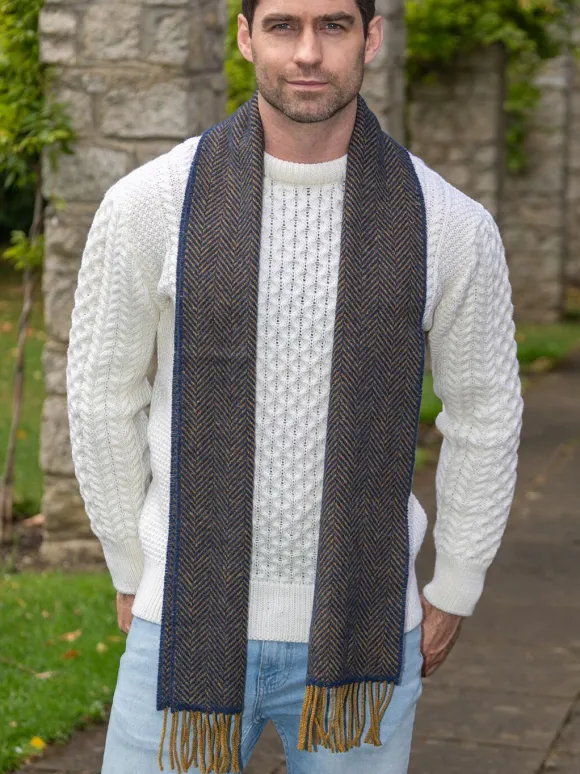 Discount Sweater Shop Men's Wool and Cashmere Navy/Mustard Herringbone Scarf 2433
