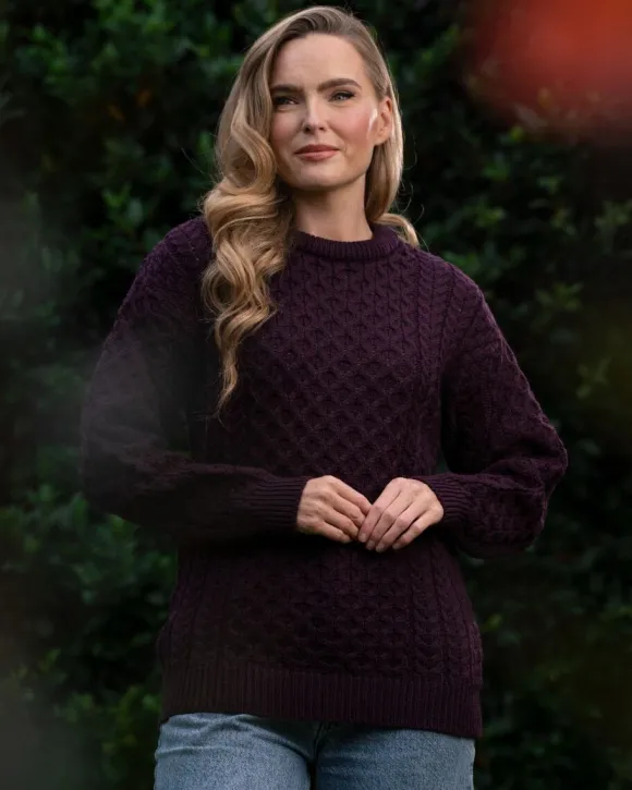 New Sweater Shop Merino Wool Aran Sweater Damson - Unisex