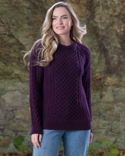 New Sweater Shop Merino Wool Aran Sweater Damson - Unisex