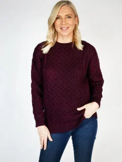 New Sweater Shop Merino Wool Aran Sweater Damson - Unisex