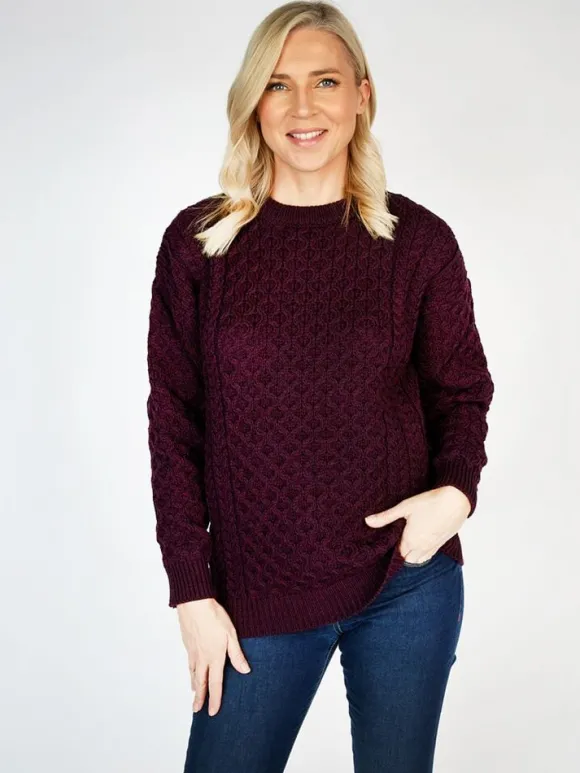 New Sweater Shop Merino Wool Aran Sweater Damson - Unisex
