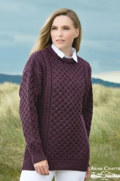 New Sweater Shop Merino Wool Aran Sweater Damson - Unisex