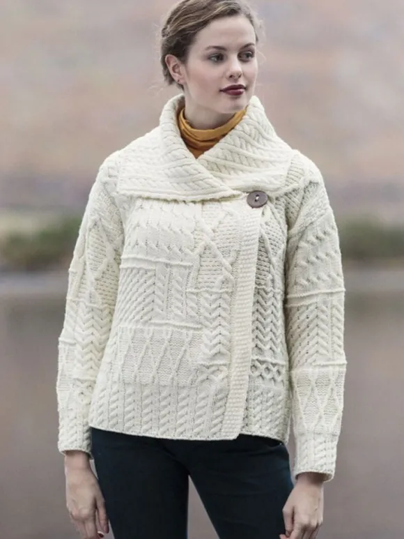 Discount Sweater Shop One Button Aran Ladies Cardigan