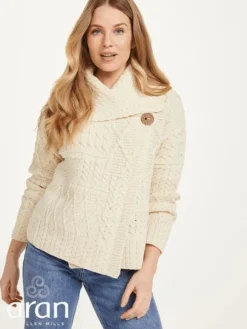 Discount Sweater Shop One Button Aran Ladies Cardigan
