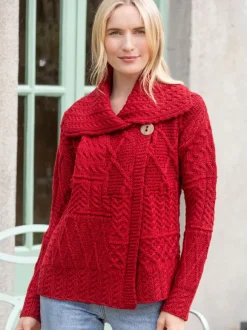 New Sweater Shop One Button Aran Patchwork Cardigan Red
