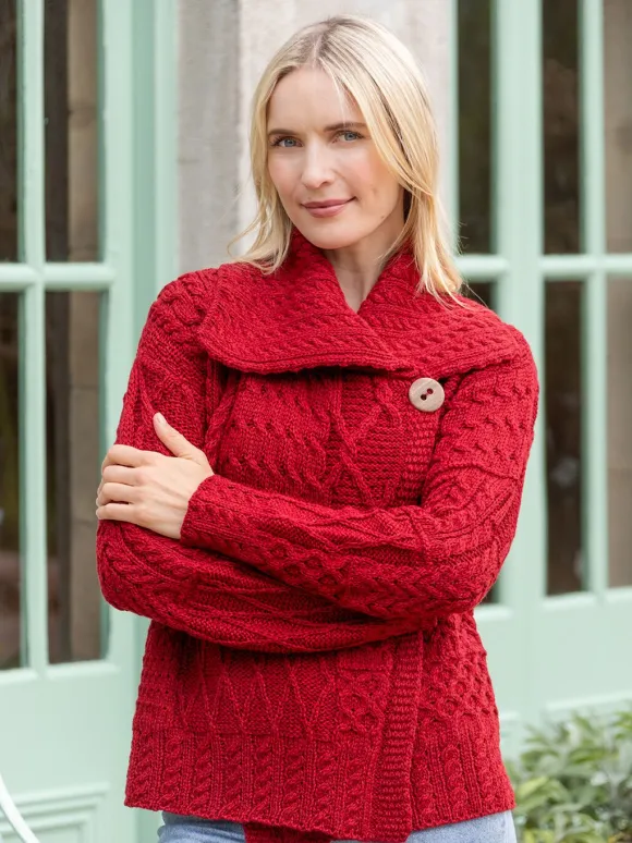 New Sweater Shop One Button Aran Patchwork Cardigan Red