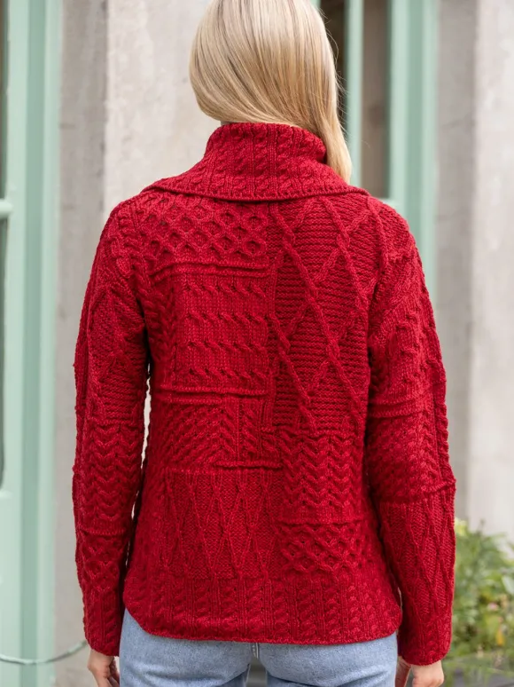 New Sweater Shop One Button Aran Patchwork Cardigan Red