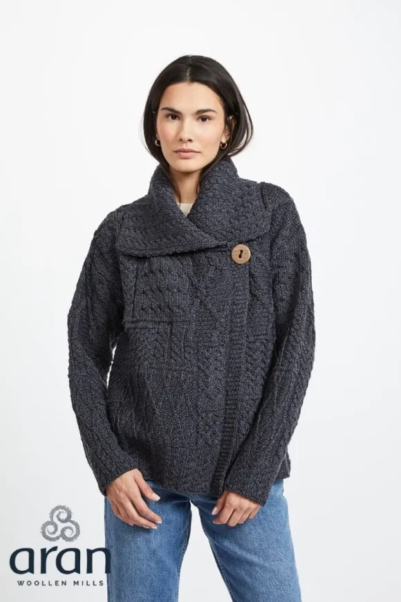 Online Sweater Shop One Button Patchwork Cardigan Charcoal