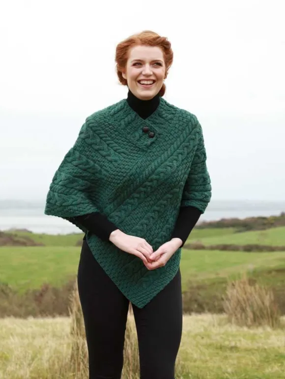 Discount Sweater Shop One Size Cable Knit Poncho with Buttons Green Marl