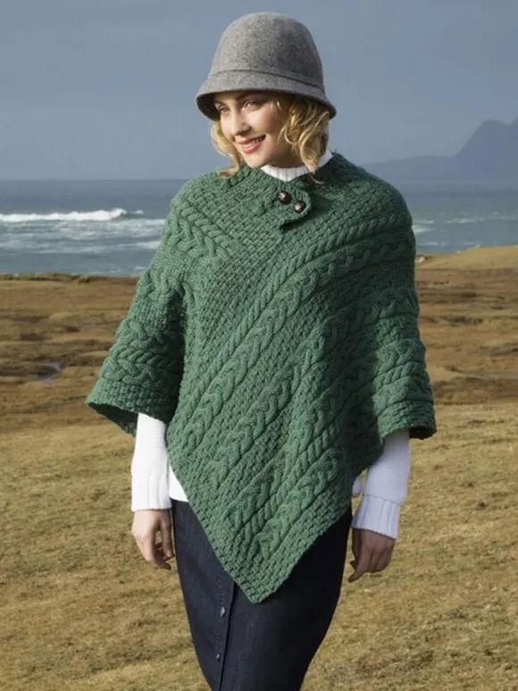 Discount Sweater Shop One Size Cable Knit Poncho with Buttons Green Marl