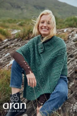 Discount Sweater Shop One Size Cable Knit Poncho with Buttons Green Marl