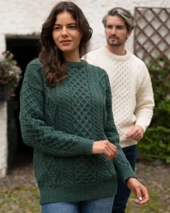 New Sweater Shop Pure Wool Unisex Aran Sweater Moss Green
