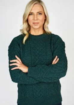 New Sweater Shop Pure Wool Unisex Aran Sweater Moss Green
