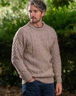 Best Sweater Shop Pure Wool Unisex Aran Sweater Oatmeal Fleck