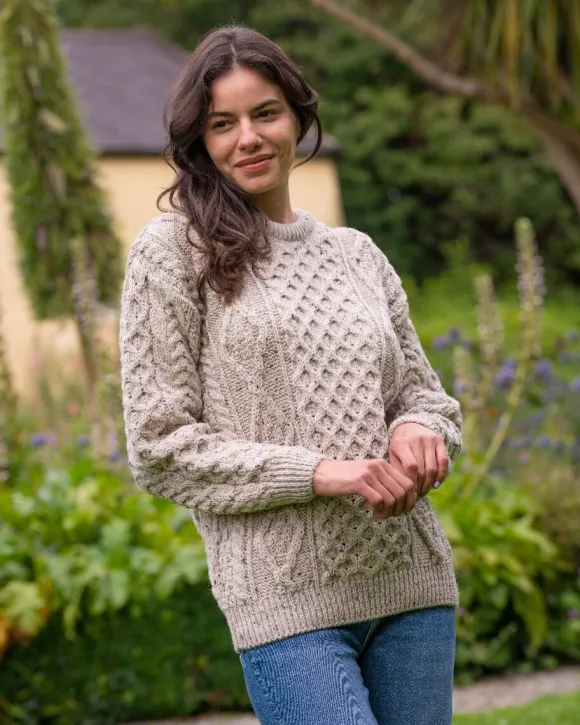 Best Sweater Shop Pure Wool Unisex Aran Sweater Oatmeal Fleck