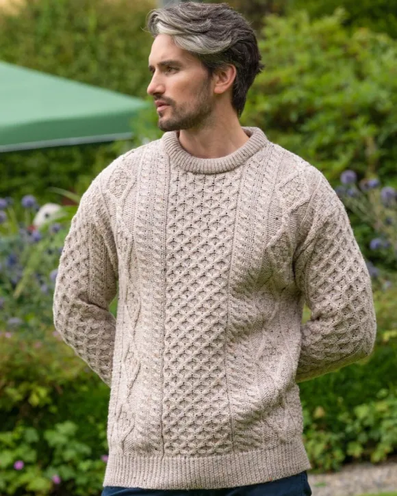 Best Sweater Shop Pure Wool Unisex Aran Sweater Oatmeal Fleck