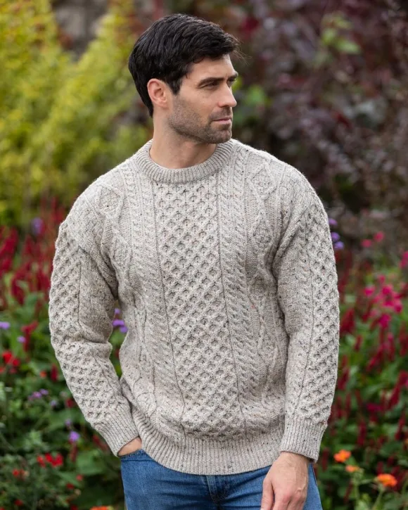 Best Sweater Shop Pure Wool Unisex Aran Sweater Oatmeal Fleck