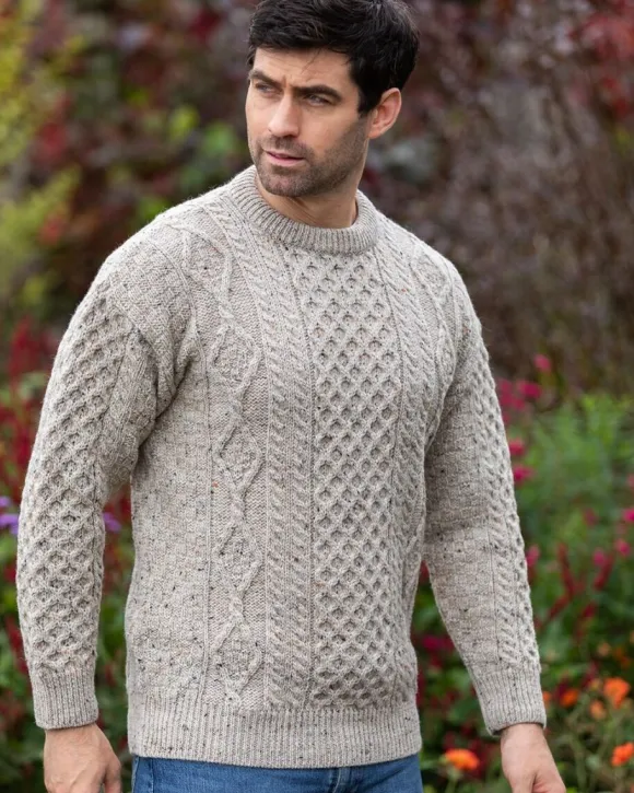Best Sweater Shop Pure Wool Unisex Aran Sweater Oatmeal Fleck