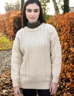 Hot Sweater Shop Pure Wool Unisex Aran Sweater Natural