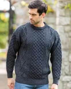 Clearance Sweater Shop Pure Wool Unisex Aran Sweater Charcoal