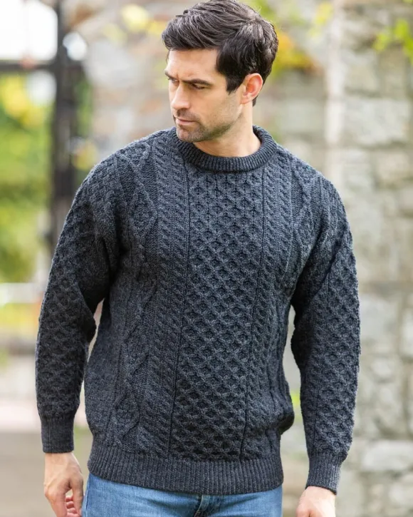 Clearance Sweater Shop Pure Wool Unisex Aran Sweater Charcoal