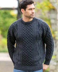 Clearance Sweater Shop Pure Wool Unisex Aran Sweater Charcoal