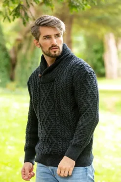 Online Sweater Shop Shawl Neck Aran Sweater Blackwatch