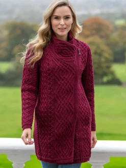 Hot Sweater Shop Side Zip Aran Coat Burgundy