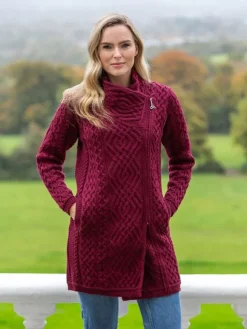 Hot Sweater Shop Side Zip Aran Coat Burgundy
