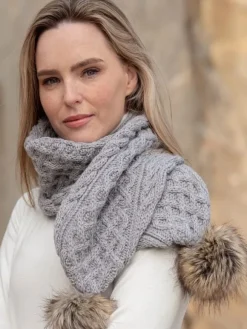 Fashion Sweater Shop Silver Pom Pom Aran Scarf