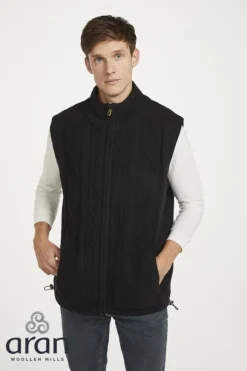 Online Sweater Shop Sleeveless Lined Shetland Wool Aran Cardigan black
