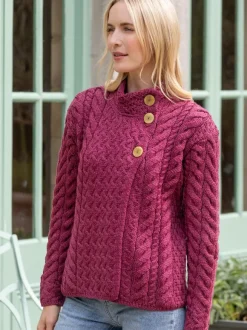 Fashion Sweater Shop Super Soft Aran Button Cardigan Rose