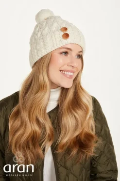 Best Sweater Shop Super Soft Aran Hat with Triskelion Buttons - natural